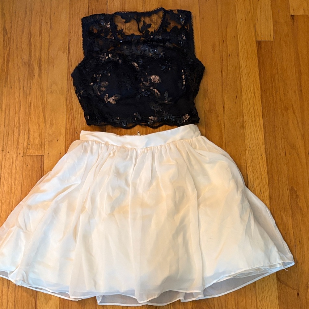 Macy's Black Lace Top with Cream Skirt